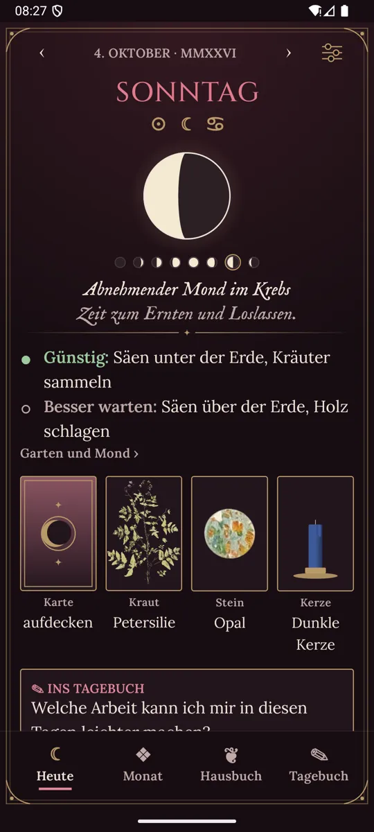Tagesblatt mit Mond, Gartenübersicht und vier Bildtafeln